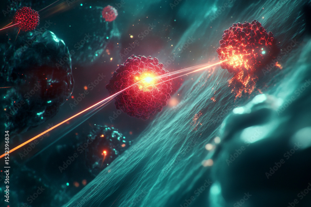Poster microscopic view of cells with energy beam targeting destruction of a cell