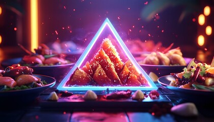 Neon-lit triangular display of gourmet food.