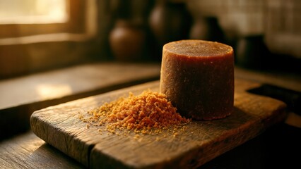 palm sugar granules in a wooden bowl on a traditional kitchen table