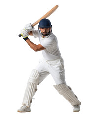 Cricket player in white uniform and helmet holding bat in stance against black background in studio shot