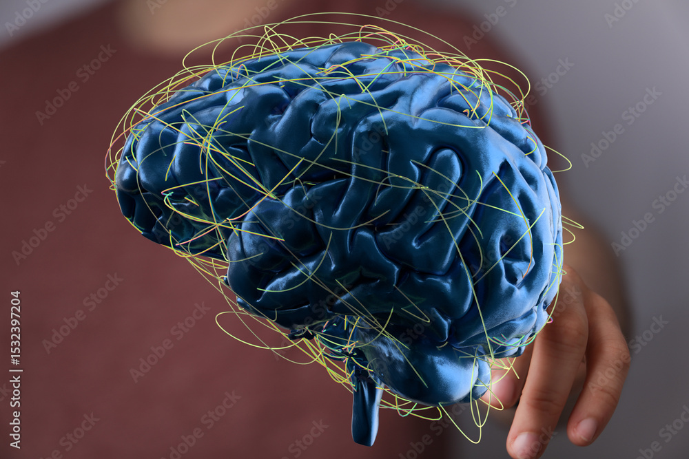Aufkleber 3d render of a human brain with glowing neural connections. perfect for ai, neuroscience, and techno