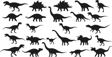 Collection of dinosaur silhouettes, prehistoric creature vector set, black dinosaur icons, Jurassic extinct animals bundle, wild reptiles illustration pack