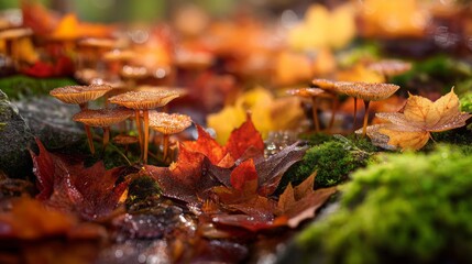 A close up of a forest floor with a variety of mushrooms and leaves