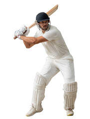 A cricket player in batting stance wearing helmet and pads holding a cricket bat ready to strike ball