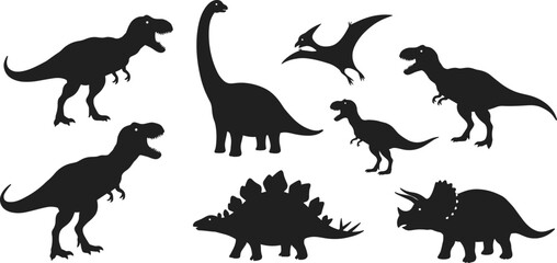 Dinosaur silhouette vector collection, prehistoric animal illustration, T-Rex, Triceratops, Stegosaurus, Brachiosaurus, flying Pterodactyl clipart, black dinosaur shapes