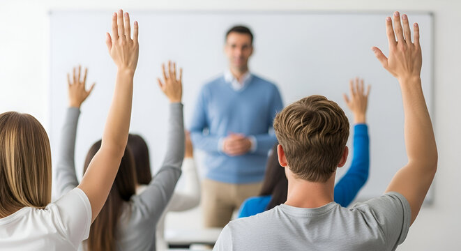 Students with raised hands in a classroom, responding to a male teacher during a lesson. Engaged young people in education concept.