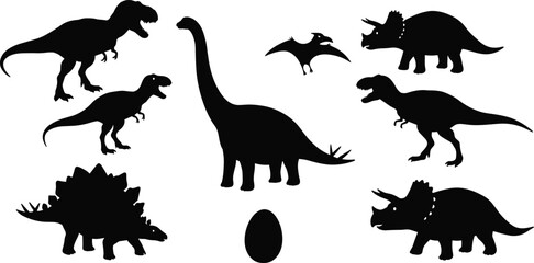 Dinosaur silhouettes collection with T-Rex, Triceratops, Stegosaurus, Pterodactyl, Brachiosaurus and dinosaur egg vector set for educational designs