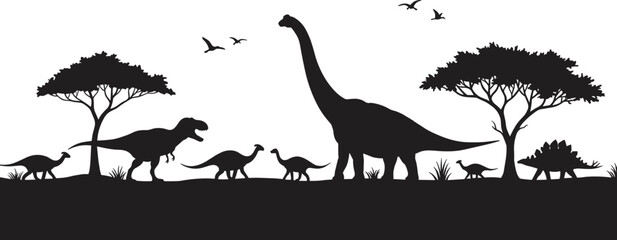 Dinosaur landscape silhouette with trees, flying birds, prehistoric animals walking, black vector illustration for kids, nature scene, clipart bundle © Legend Monir