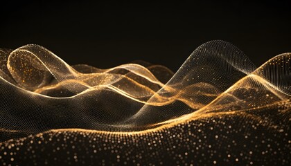 Abstract gold particles forming wavy patterns on a dark background.