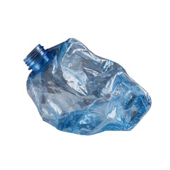 Obraz premium A crumpled blue plastic water bottle isolated against a black background in a studio shot view