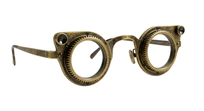 Vintage Steampunk Round Glasses Product Shot with Detailed Brass Gears Isolated on White