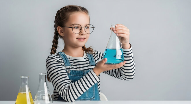 Little 7s cute girl with microscope holding laboratory bottle with water experiment study scientists at school. Education science concept.