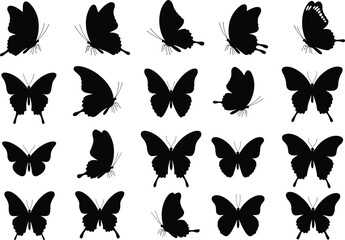 Set of black butterfly silhouettes in various flying positions for insect vector, nature design, decorative art, wildlife graphic illustration