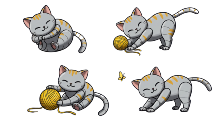 Cute gray tabby kitten cartoon set playing with yellow yarn ball