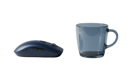 Blue wireless computer mouse and transparent glass mug on white background