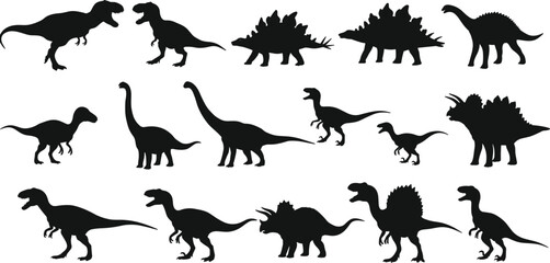 Set of dinosaur silhouette icons, black vector illustrations of prehistoric reptiles, Jurassic era dinosaur collection, extinct animals, wild creature graphics