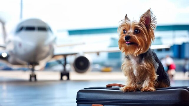 Yorkshire terrier dog sitting on luggage at airport terminal waiting for flight