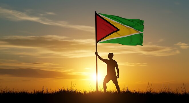 Silhouette of Man Holding Guyana Flag at Sunset with Grass