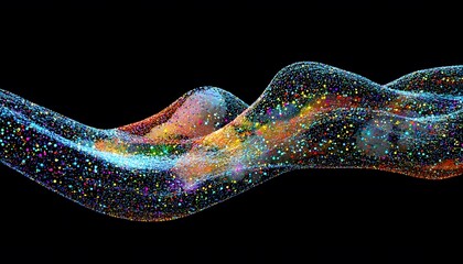 A colorful, dynamic wave of particles against a black background.