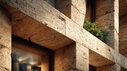 Architectural detail featuring travertine stone facade and window frame elements