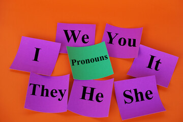 Colorful flashcards with English pronouns 