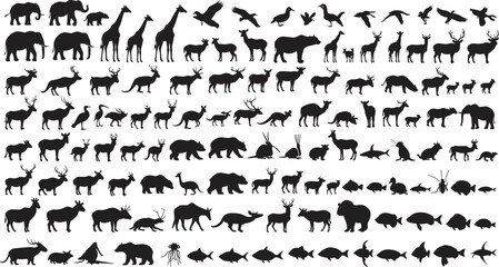 Wild animal vector silhouettes collection including forest mammals, birds, fish, reptiles, perfect for nature design, educational, wildlife illustrations