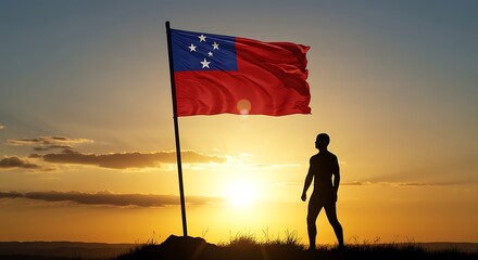 Silhouette of Man with Samoa Flag at Sunset National Pride