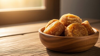 palm sugar in a wooden bowl on a traditional kitchen table