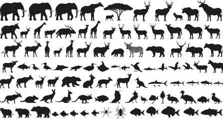 Wild animal silhouettes collection with forest, jungle, marine creatures, perfect for wildlife design, educational resources, vector bundle, graphic use