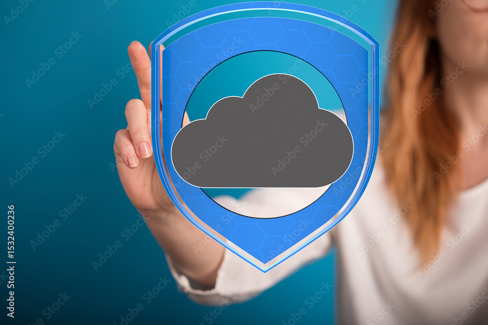 Poster image of a woman presenting a digital shield protecting a cloud, symbolizing secure cloud data.