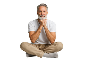 Happy mature man in lotus position isolated PNG with Transparent Background