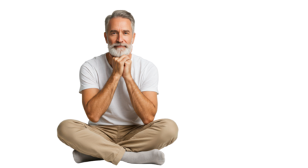 Happy mature man in lotus position isolated PNG with Transparent Background