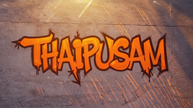 Graffiti art featuring the word 'Thaipusam' in vibrant orange color. The text is stylized with sharp edges and a dynamic design, set against a textured background.