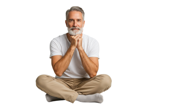 Happy mature man in lotus position isolated PNG with Transparent Background
