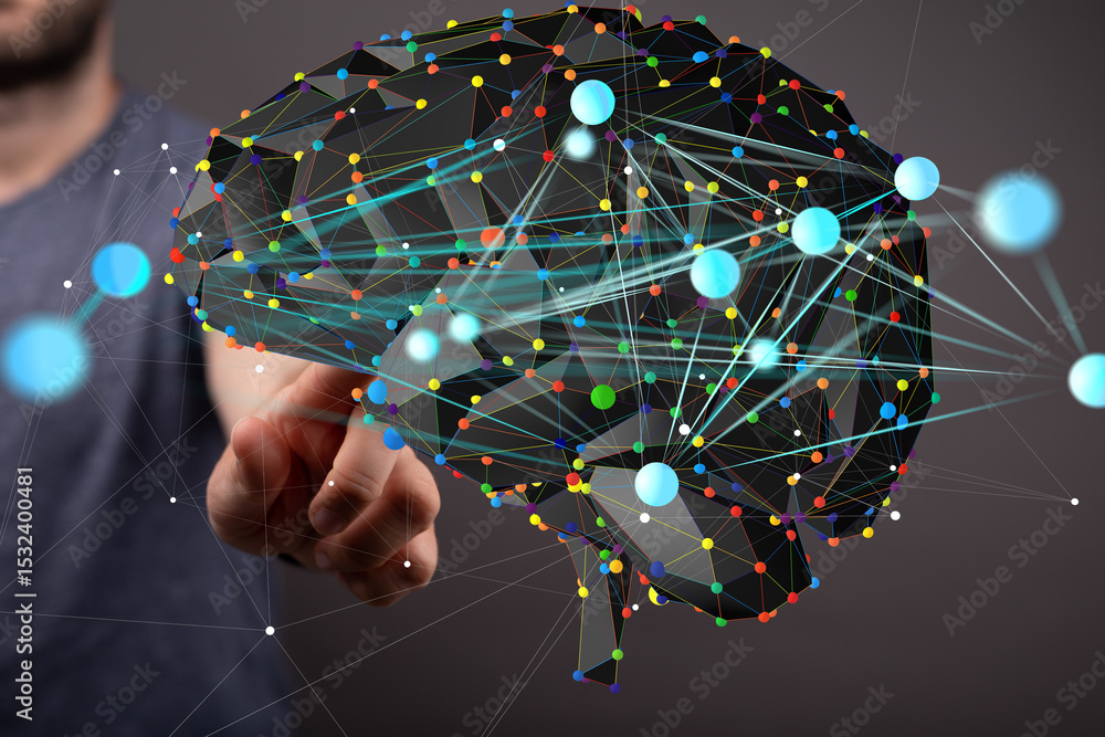 Poster abstract digital brain concept. ai, neural network, technology, data connection.