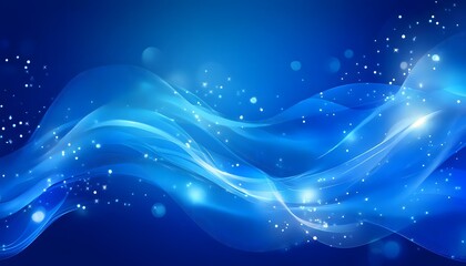 Abstract blue design with flowing lines and shimmering particles.