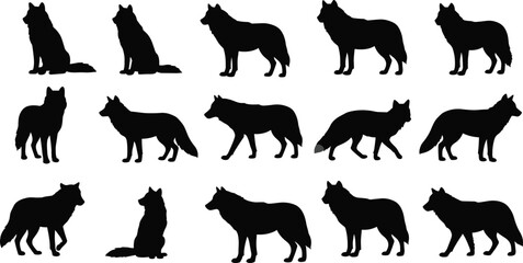 Wolf silhouette vector set, various poses standing sitting walking, black wildlife shadow clipart, wild animal shapes for design elements
