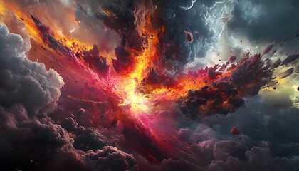 A vibrant display of fiery cloudscapes in a cosmic explosion.