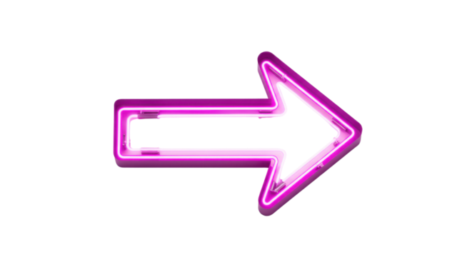 Illuminated neon arrow sign glowing in pink and white isolated PNG with Transparent Background