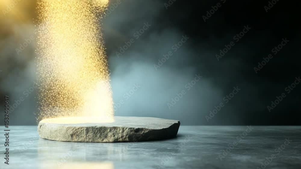 Poster Elevated Display: A stone stage illuminated by a beam of light. Dust motes cascade from above, against a moody background.