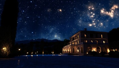 Luxurious estate at night under a starry sky.