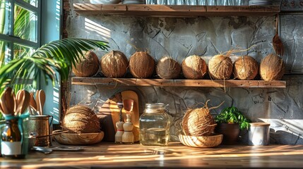 Tropical Kitchen Still Life: Sunlit Coconuts and Rustic Charm