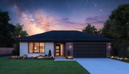 A modern house at dusk, with a manicured yard.