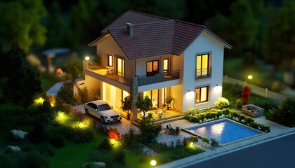 A detailed nighttime view of a miniature, illuminated house model with a swimming pool.
