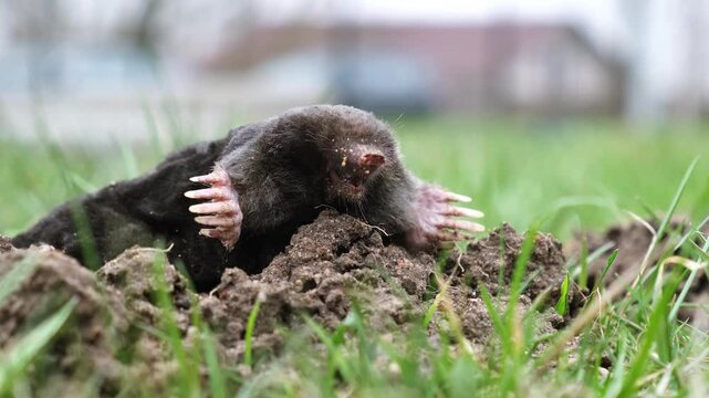 A mole is on the surface of molehill among green grass in the garden. Talpa europaea side view close-up. Dead animal with black fur. Garden pest concept. Lawn saving problems. High quality 4k footage.