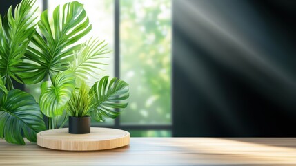 Tropical Tranquility: A serene setting featuring lush green tropical plants, artfully arranged, basks in natural sunlight. The scene is a celebration of nature's beauty and calming ambiance.