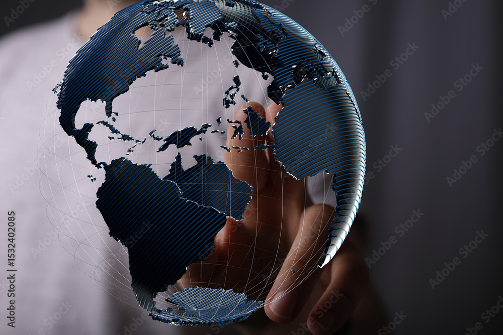 Fototapete Abstract image of a hand interacting with a digital globe, representing global connectivity and networking.