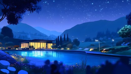 Luxurious estate at night, by a shimmering pool.