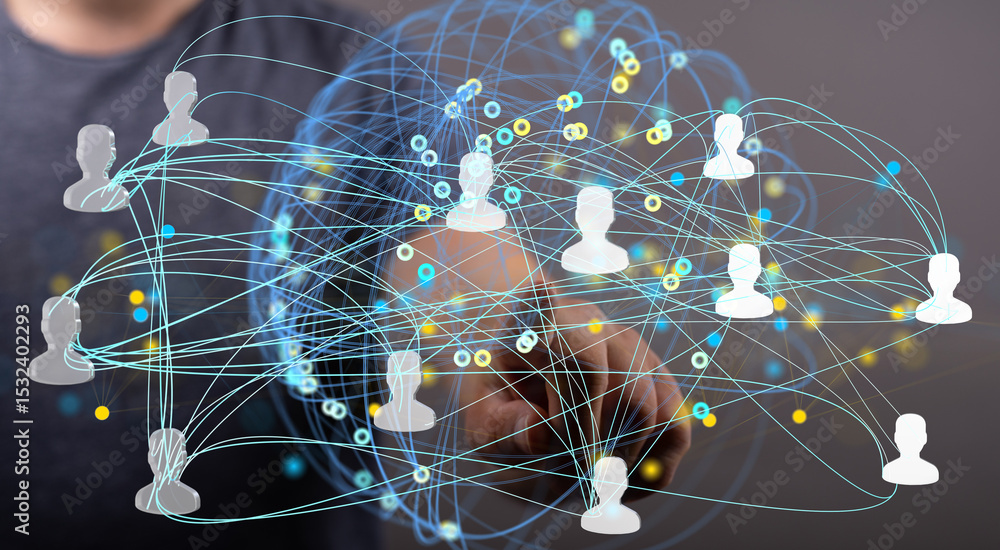Poster Image depicting a complex network of connections between individuals, representing social media, communication, or data flow.
