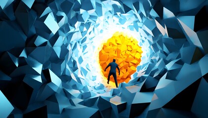 Abstract tunnel with polygonal shapes and a figure.